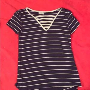 A blue and white striped T-shirt